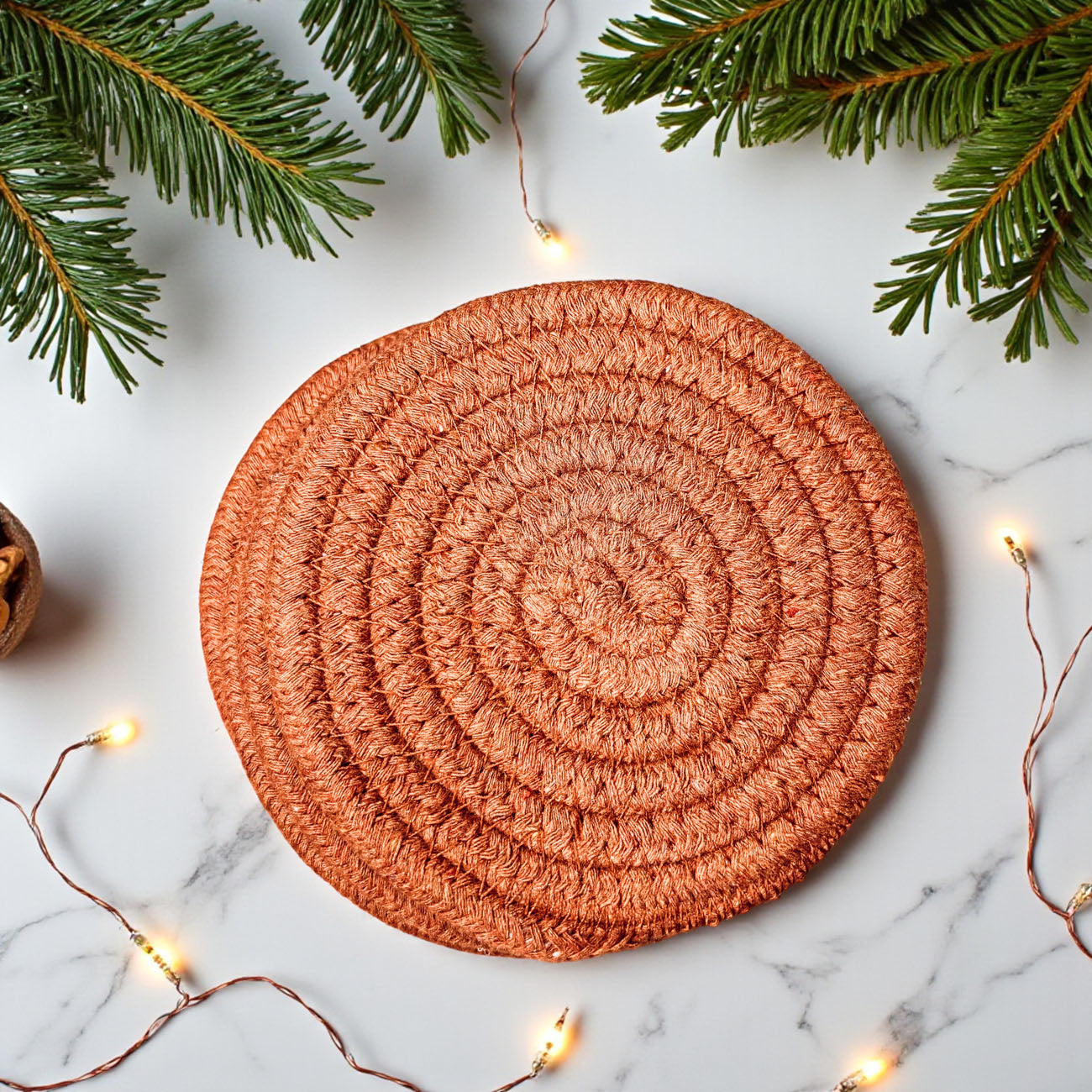 Woven natural fiber coasters fall gift set neutral tones
Rustic braided rope coasters fall colors farmhouse gift set